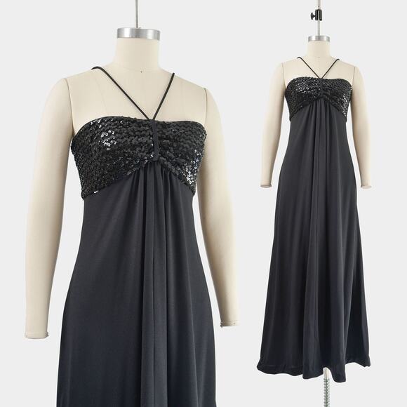 Vintage 70s Black Empire Waist Sequin Halter Disco Evening Long Maxi Dress XS